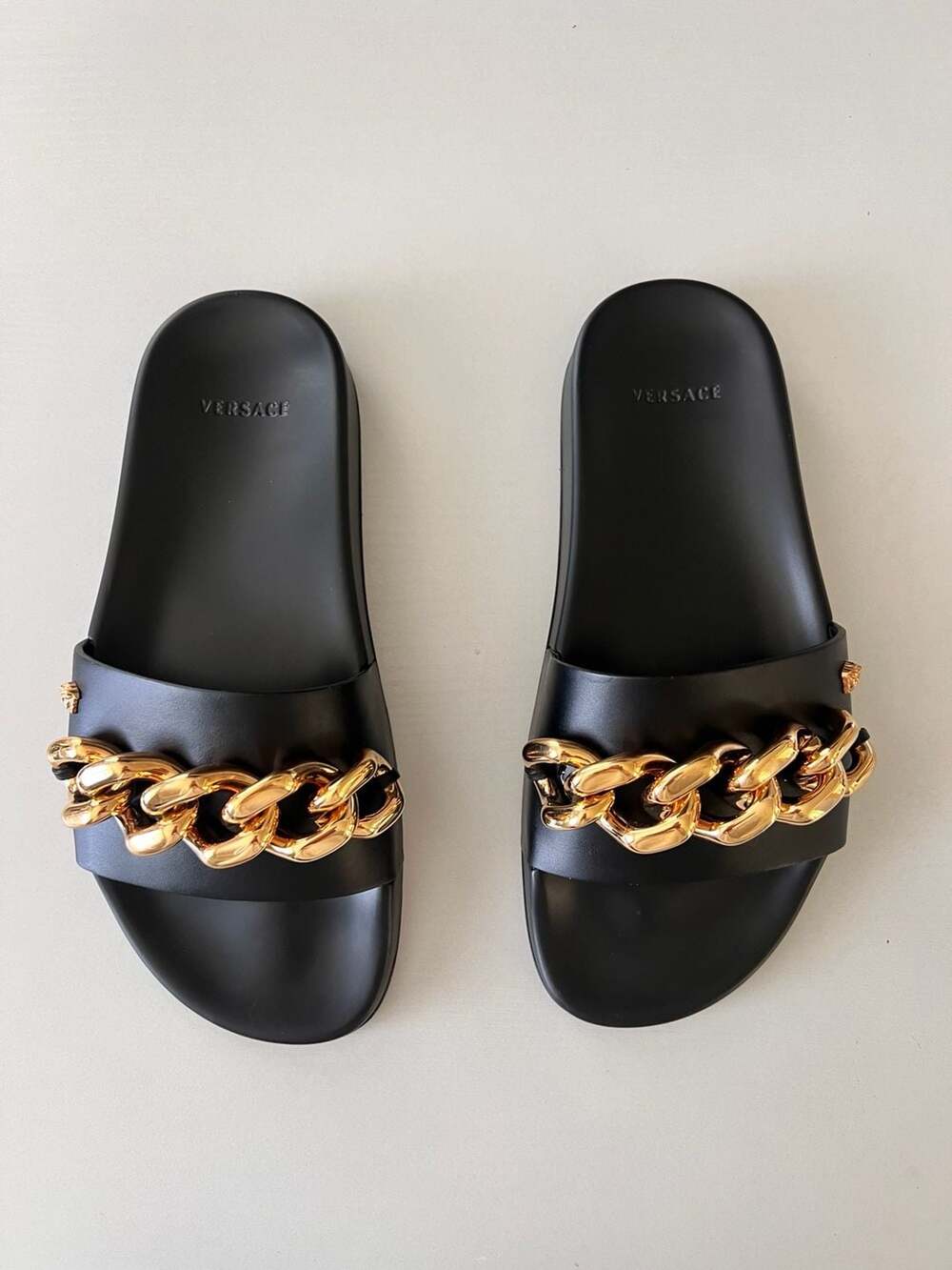 Versace Women's Black Gold Leather Sandals Flip Flops Size 37